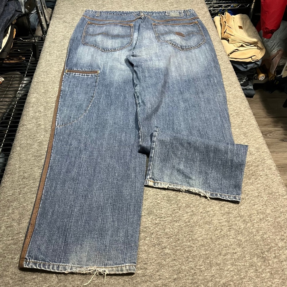 Marithe Francois Girbaud‎ Baggy Jeans Blue Denim Brown Tape Trim Mens 40x34 40M